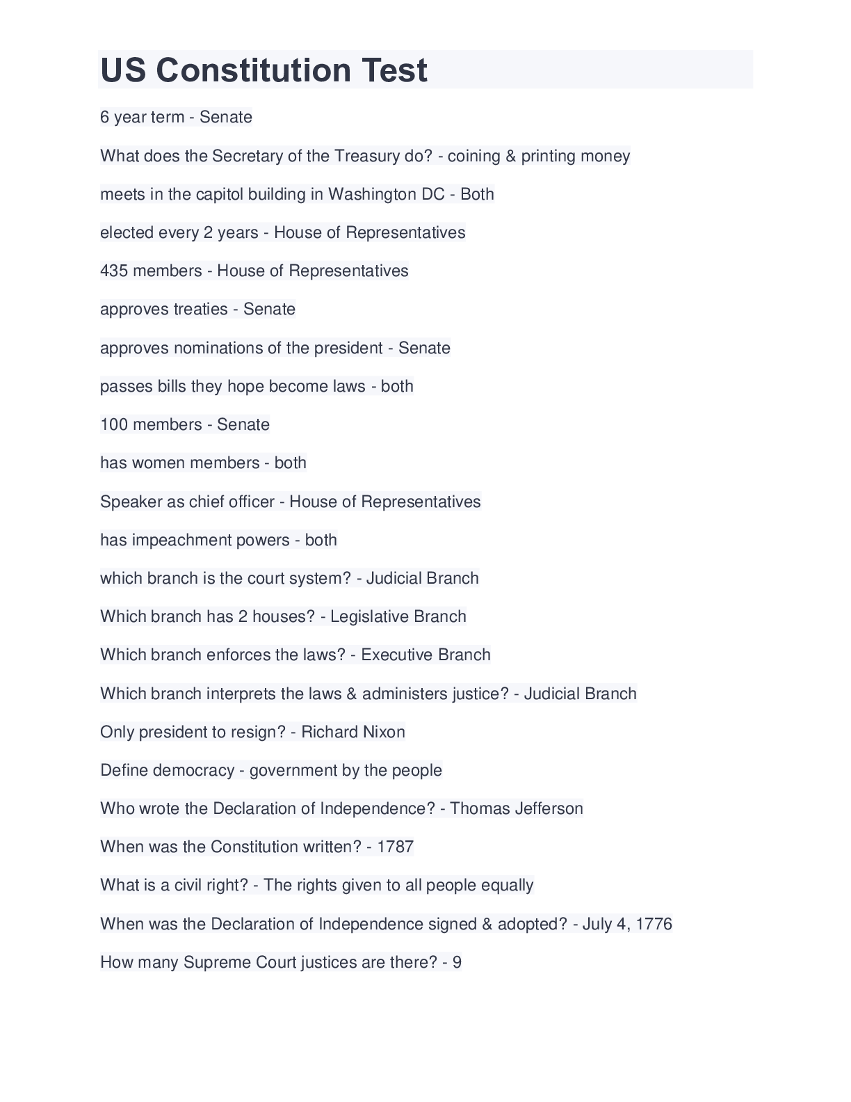 Preview image of US Constitution Test document